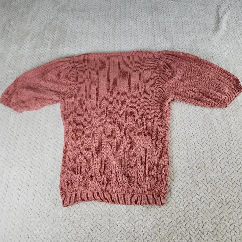 LOFT Outlet Dusty Pink Ribbed Knit V-Neck Puff Sleeve Sweater Sz Small Peasant